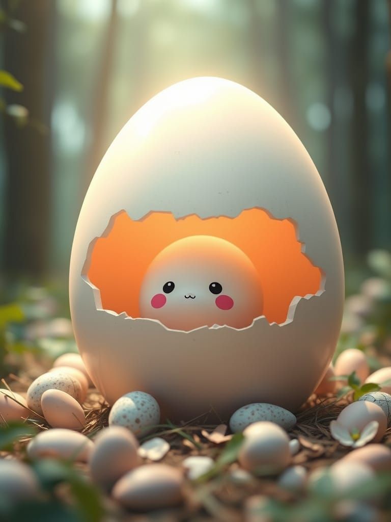 3D Anime Art: Egg Hatches Cute Face in Forest