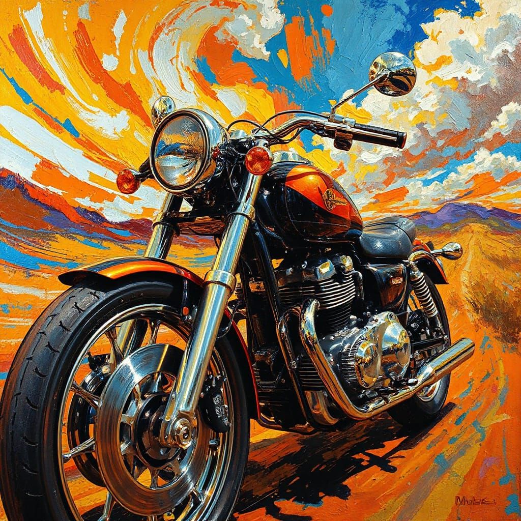 Vibrant Classic Motorcycle in Expressive Impressionist Style