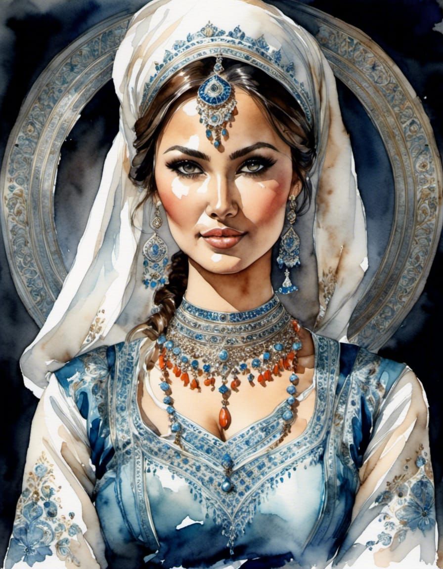 Tatar Woman Portrait in Traditional Dress, Watercolor Style