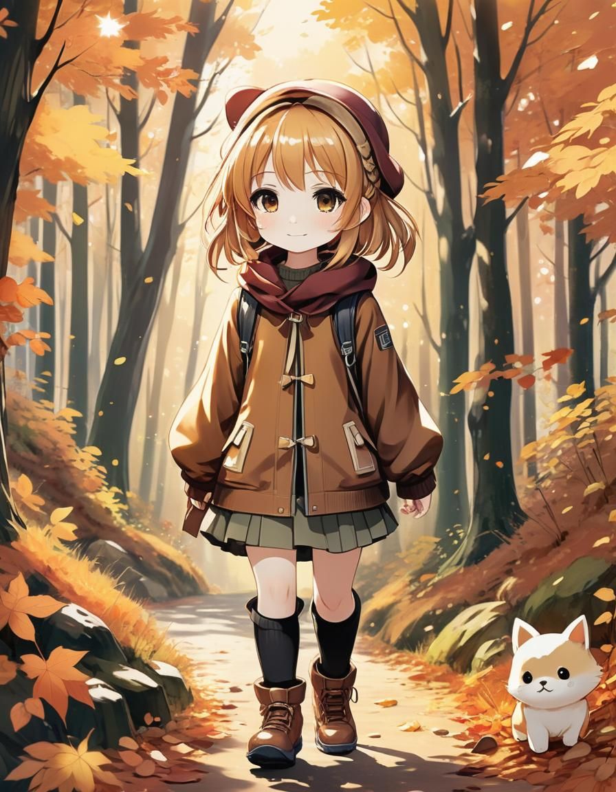 chibi anime girl going for a walk with her dog