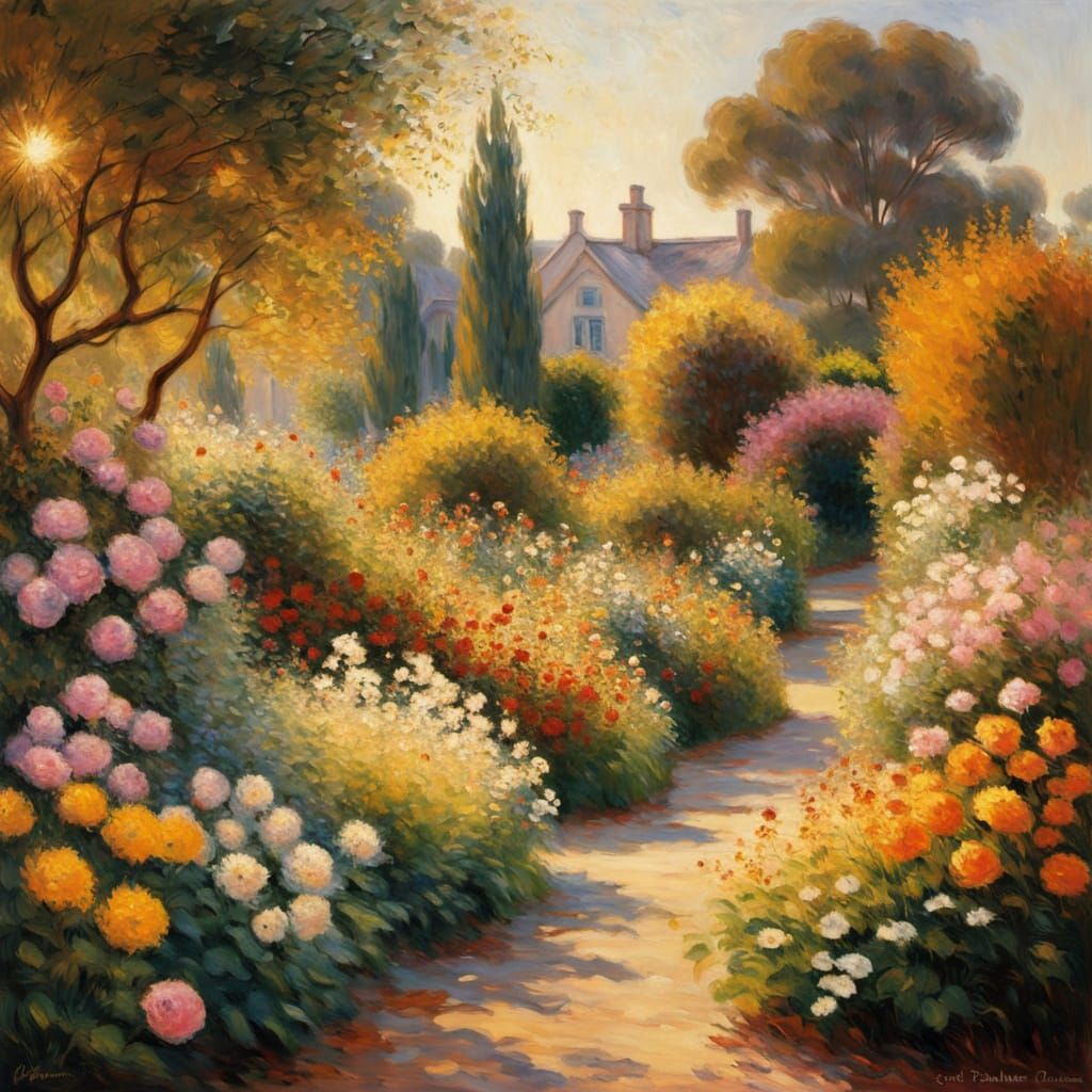 Impressionist Garden Scene with Soft Focus and Golden Hour