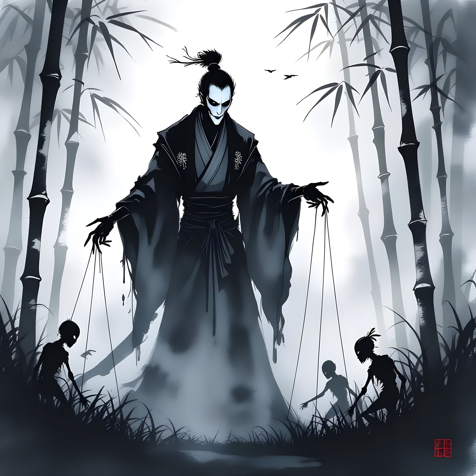 Nightmare Puppeteer in Japanese Ink Wash Style