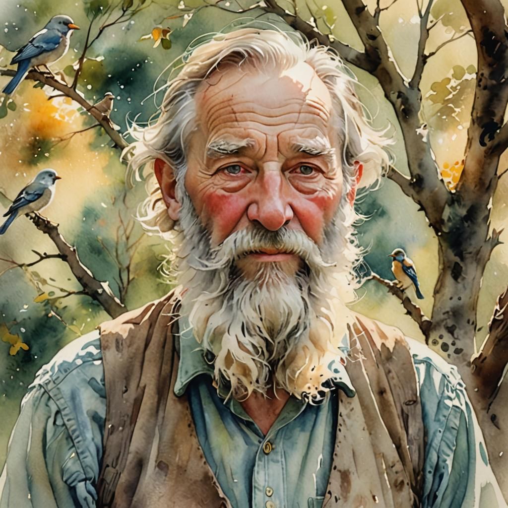 Whimsical Old Man with Bird Nest Beard Watercolor