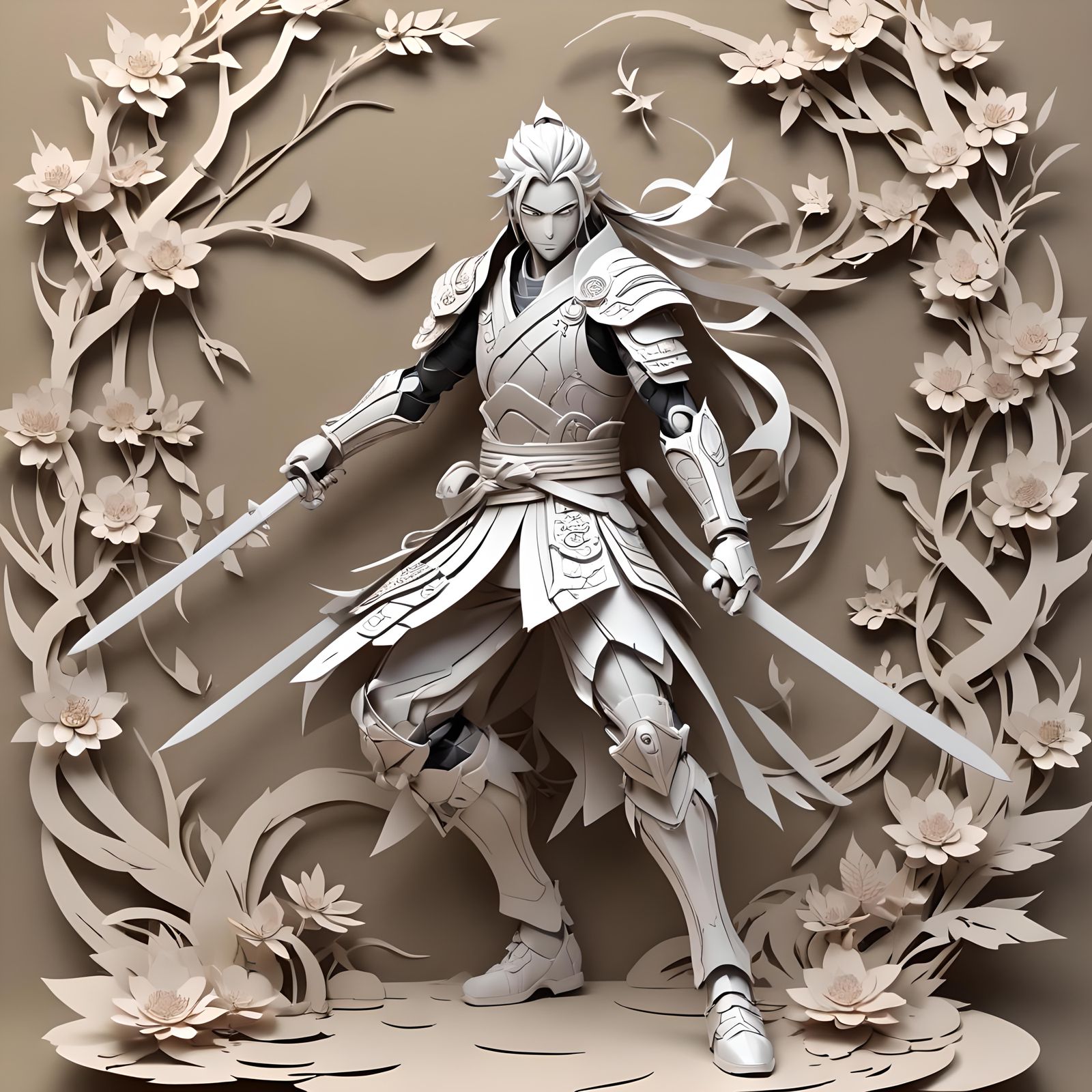 Kirigami Samurai Fighter in 3D Anime Art Style