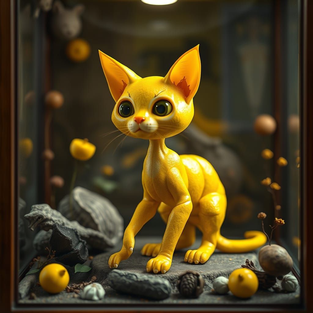 Enchanted Lemon Cat Hybrid in Whimsical Victorian Diorama