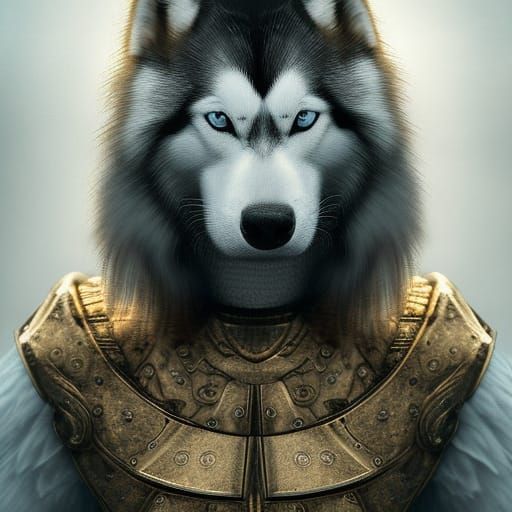 Anthropomorphic Husky Warrior in Gold Armor