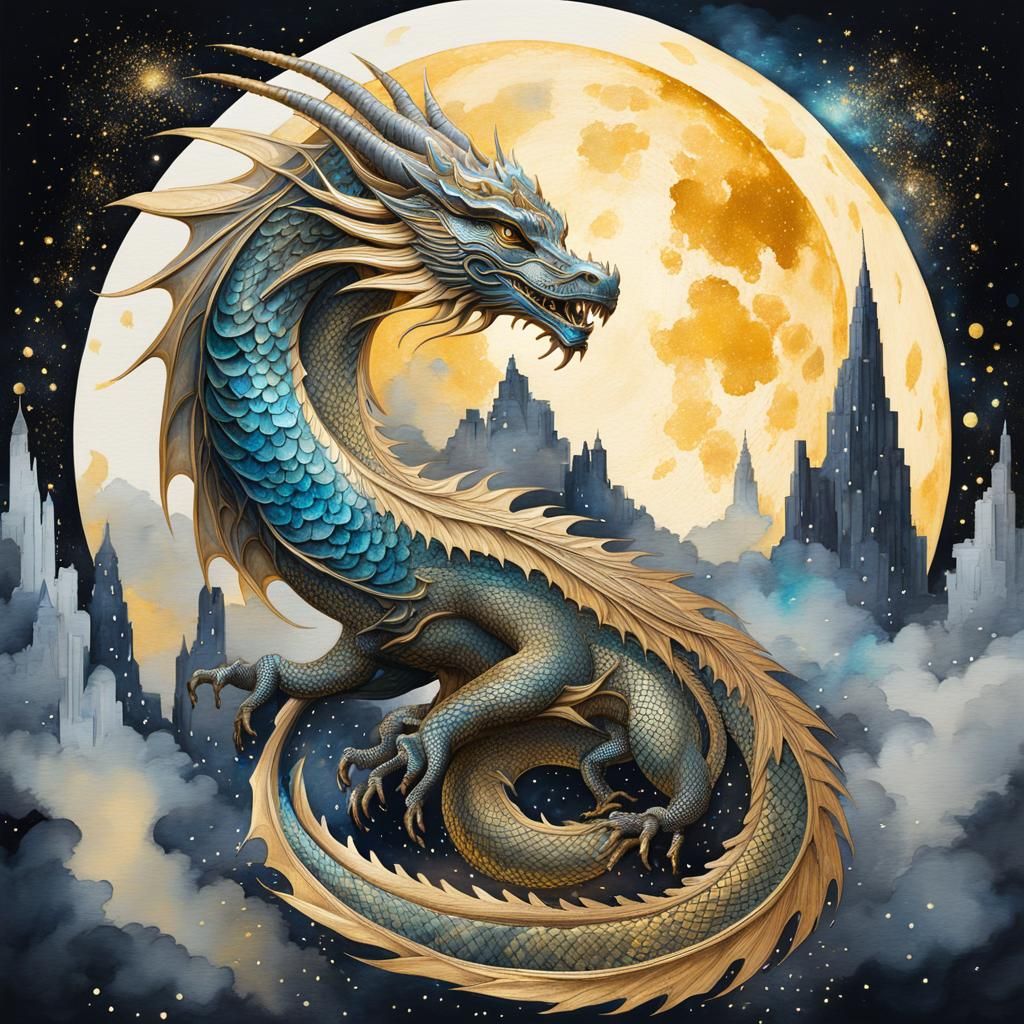 Dragon and Moon Double Exposure in Watercolor Style