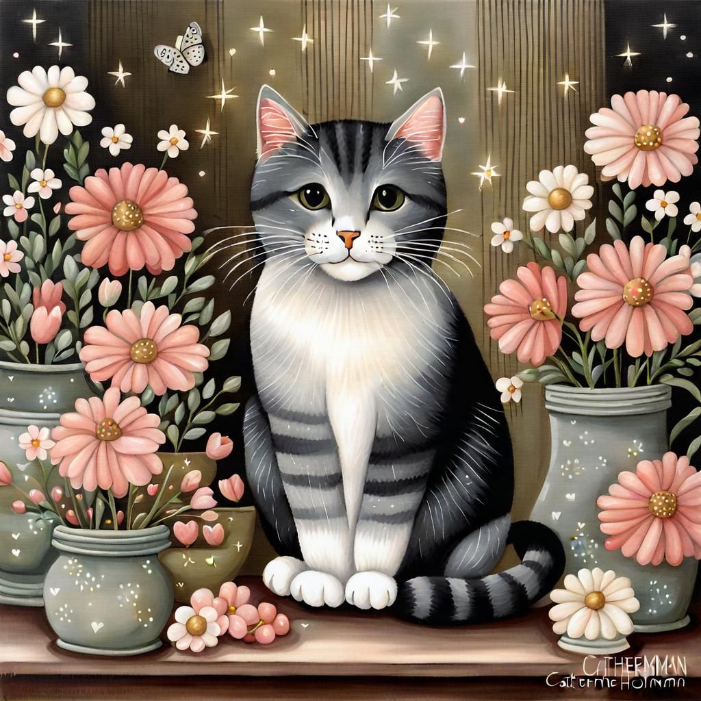Cute Cat with Flowers in Folk Art Style