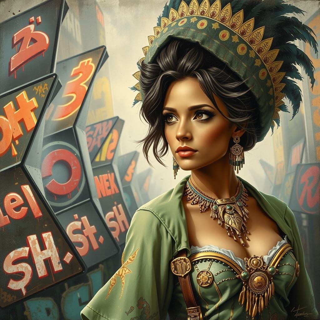 Aztec Warrior Against Abstract Neon Cityscape