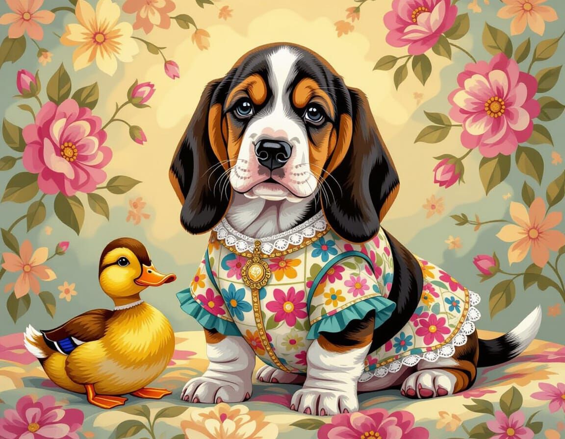 Patchwork Quilted Basset Hound in Floral Dress with Duck