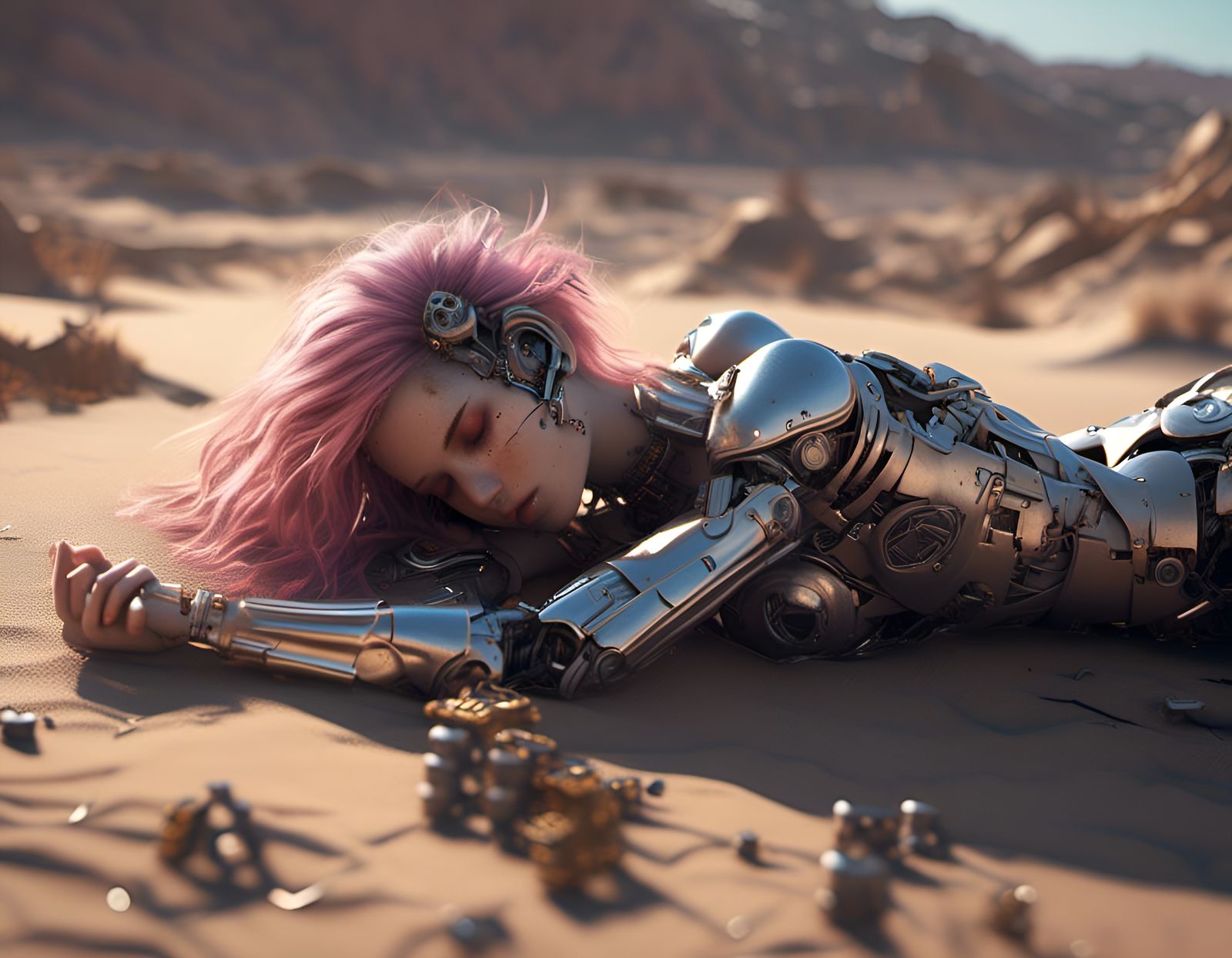 Battle Cyborg Girl in Desert Wasteland