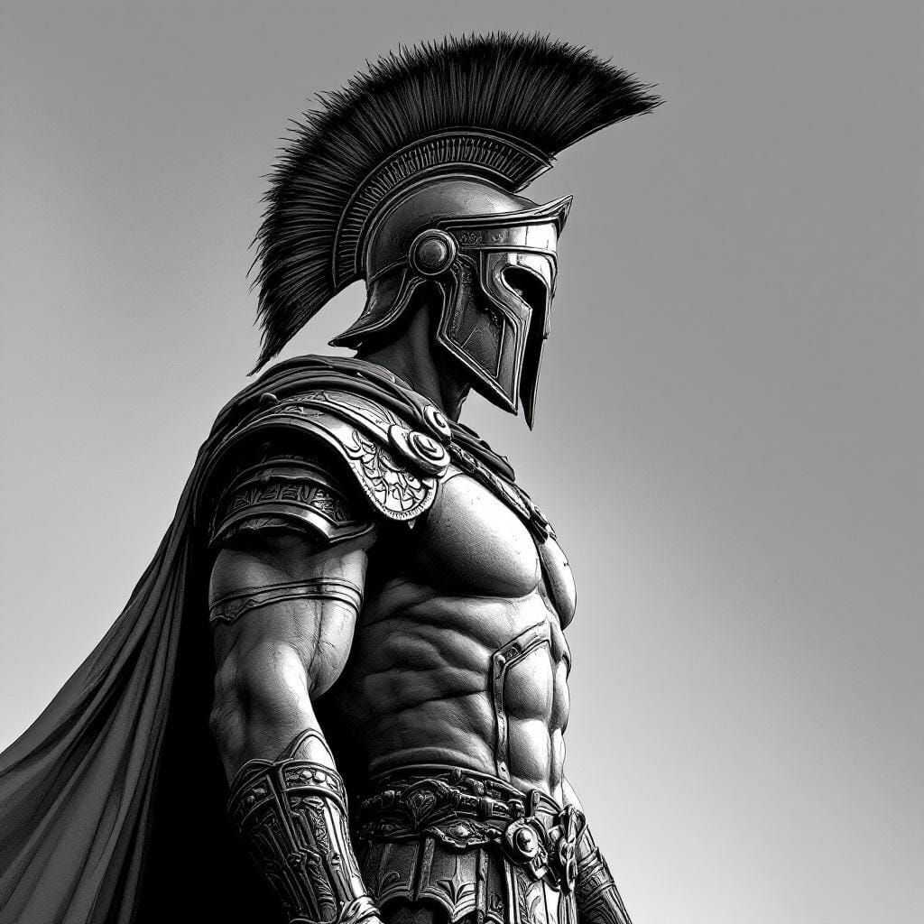 Heroic Greek Spartan Warrior in Black and White Ink Art