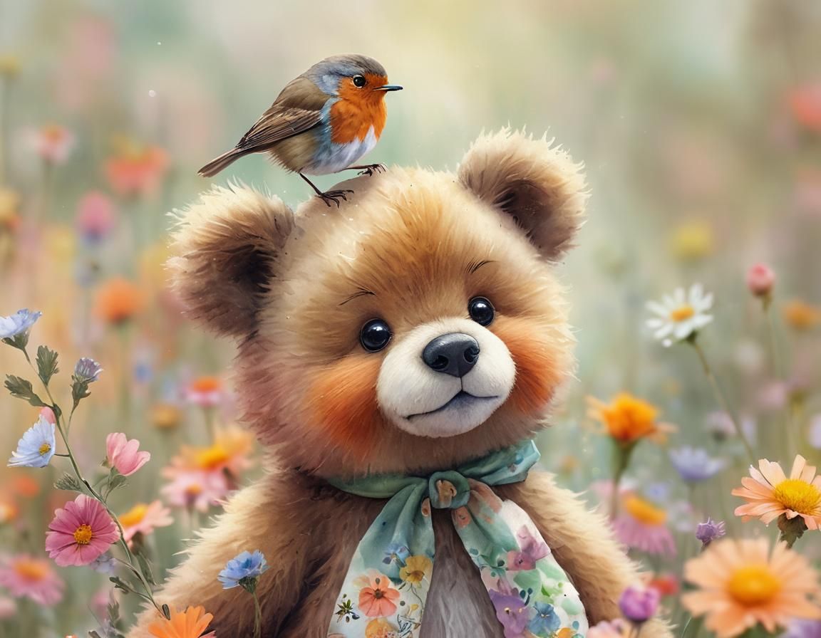 Robin and Teddy Bear in Watercolor Meadow