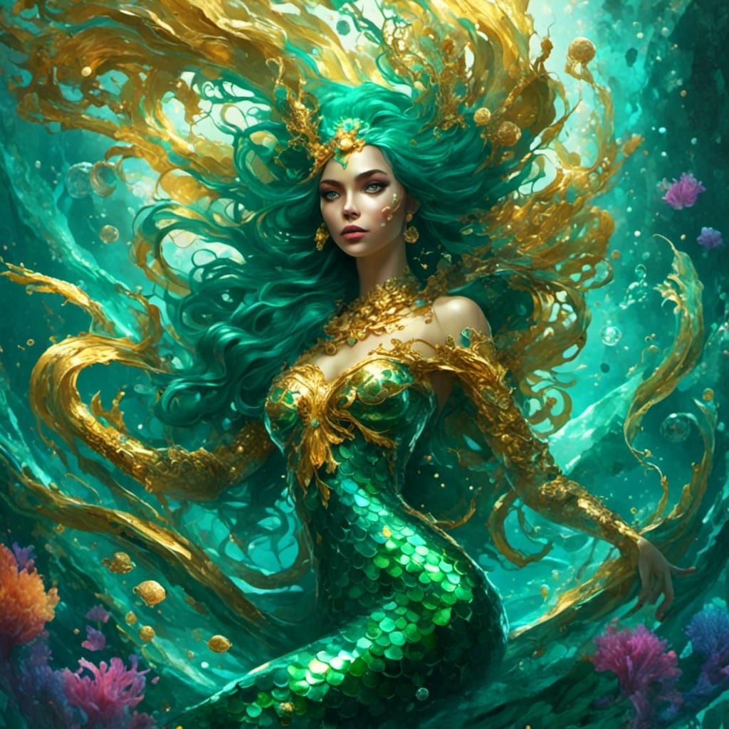 Emerald and Gold Mermaid Couple in Graffiti Art Style
