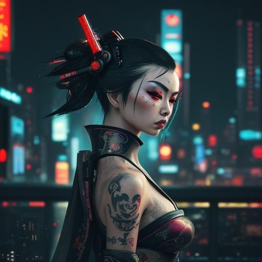 Cyberpunk Geisha with Tattoos in Rainy Cityscape