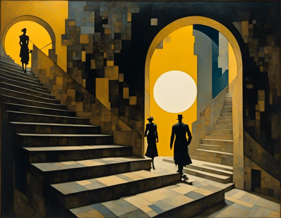 Dystopian Stairway with Robotic Androids