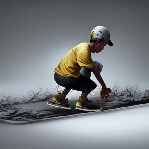 Skateboarding Teen in a Hyperrealistic 3D Stone Ruin
