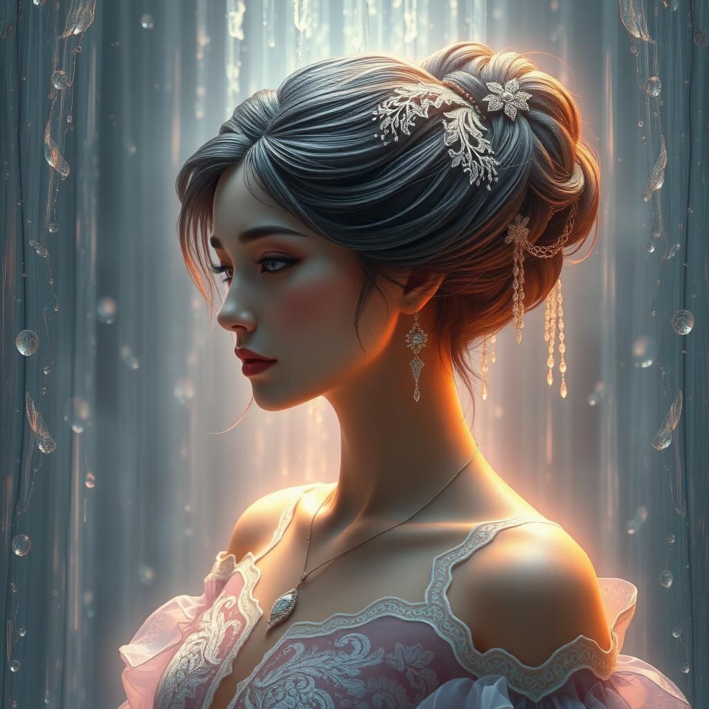 Ethereal Waterfall Woman: Art Nouveau Portrait