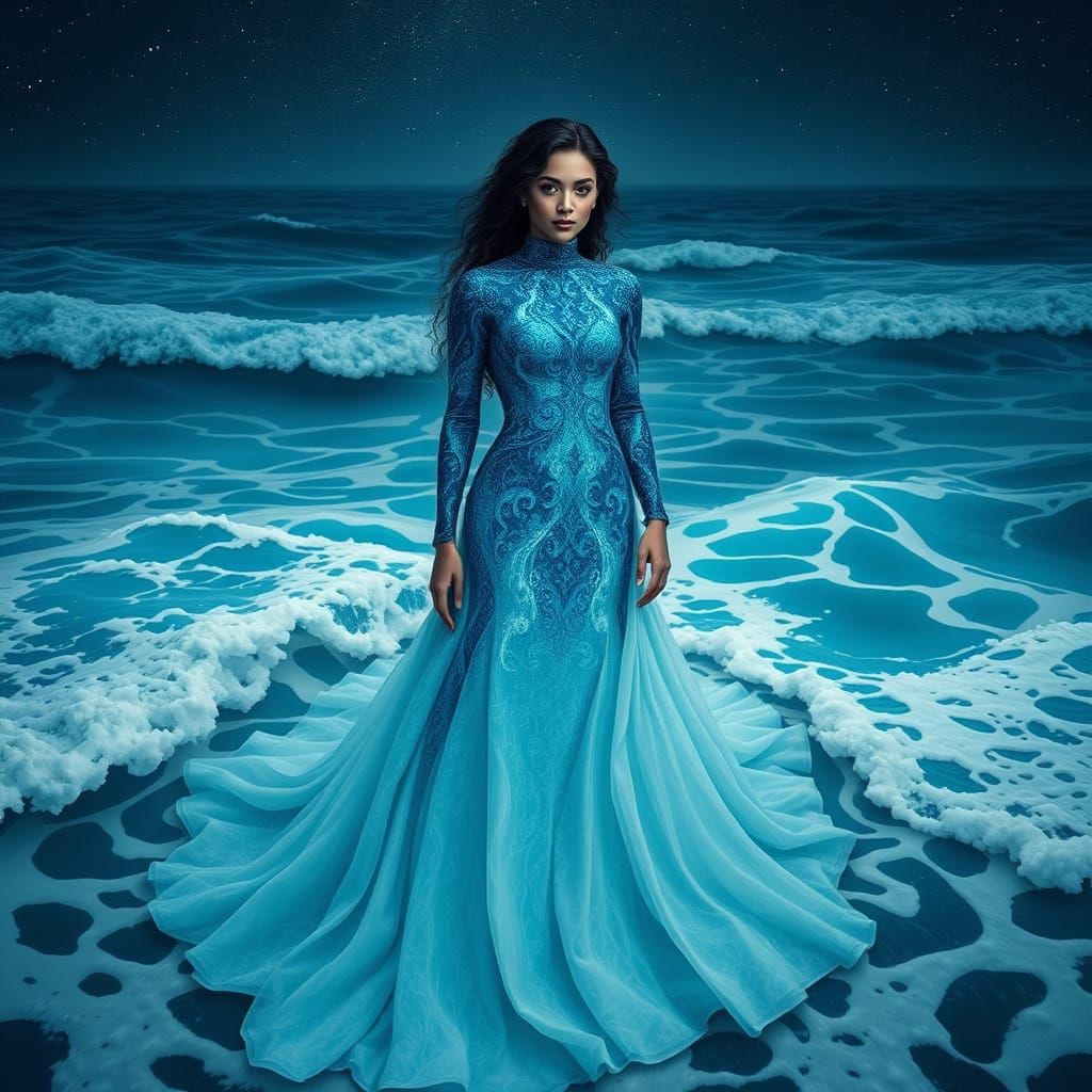 Ethereal Bride Unites with Nocturnal Sea in Celestial Weddin...