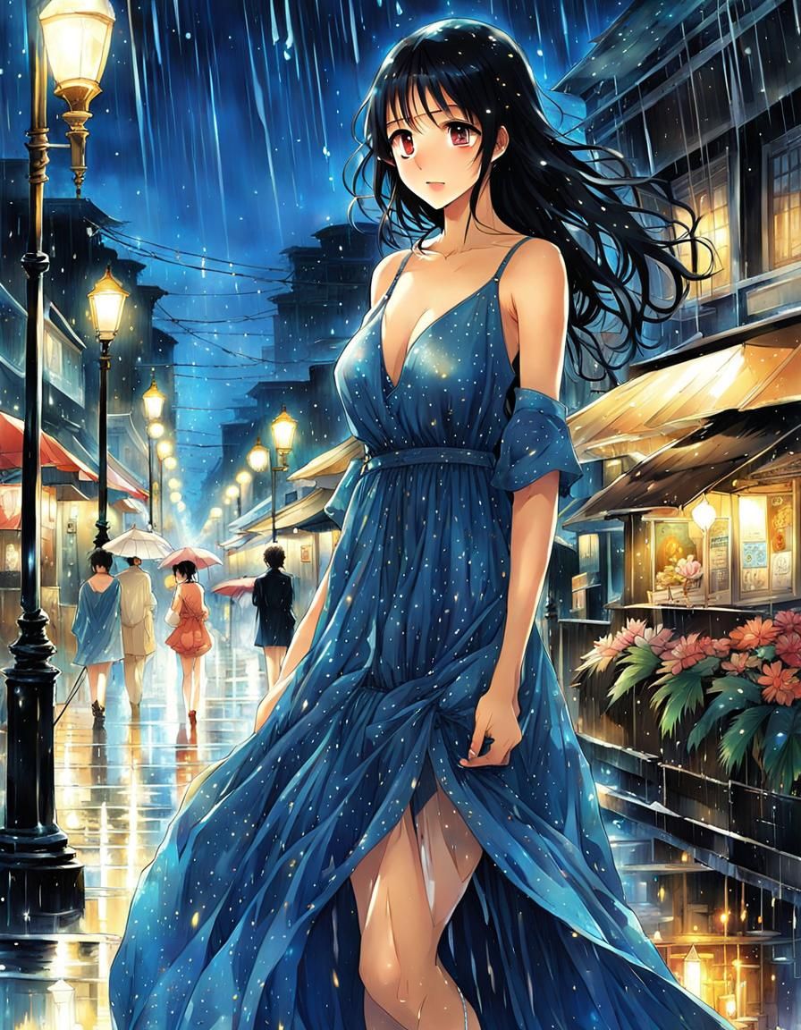 Anime Style: Wet Indonesian Woman in City Rain