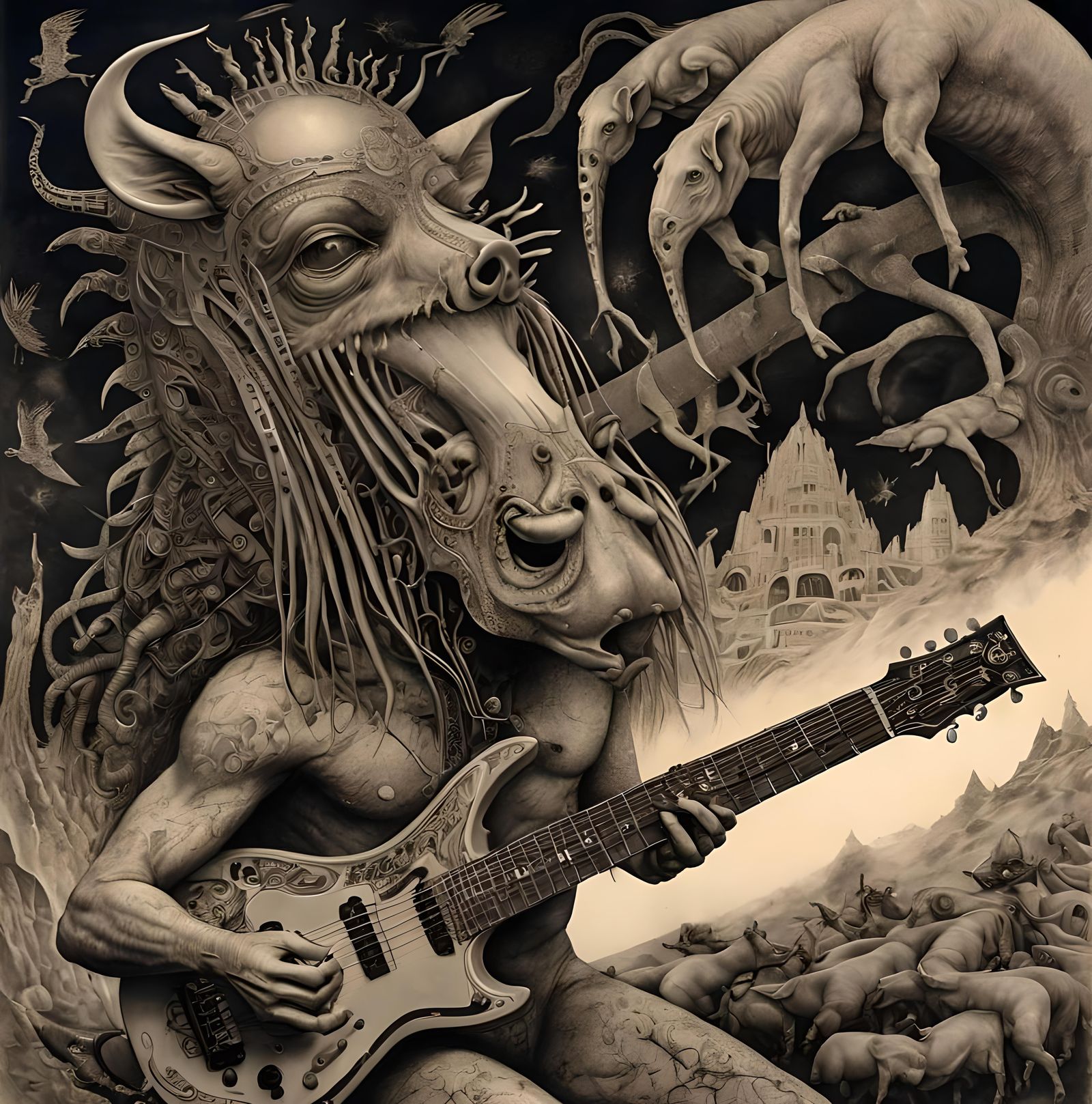 Surreal Guitar Shredder in a Dark Fantasy Style