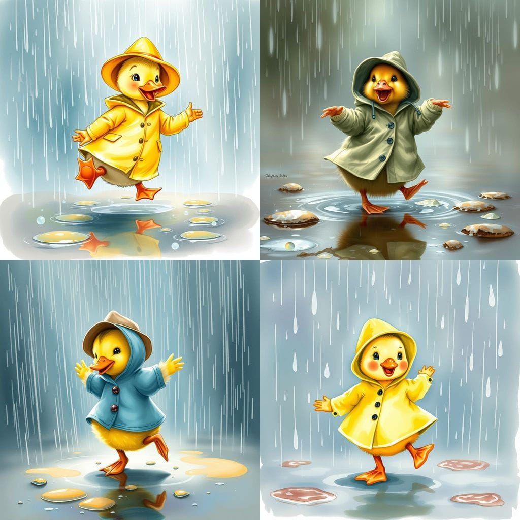Duckling's Joyful Dance in the Rain