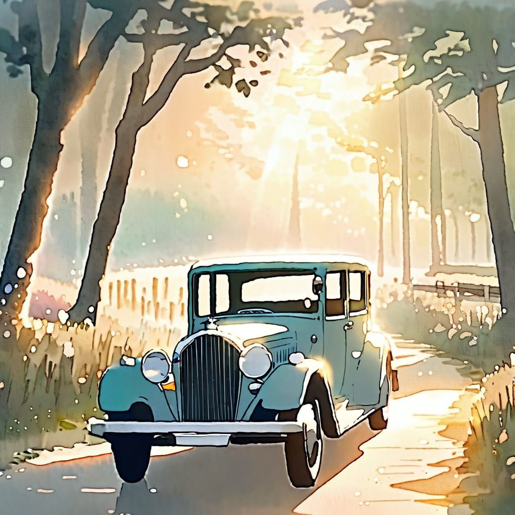 Young Woman Surrounded by Serene Countryside in Watercolor A...