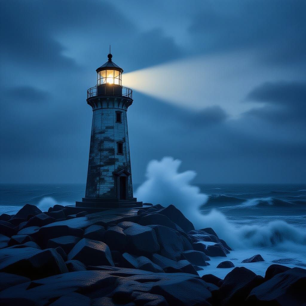 Hyperrealistic Lighthouse Against Stormy Seas