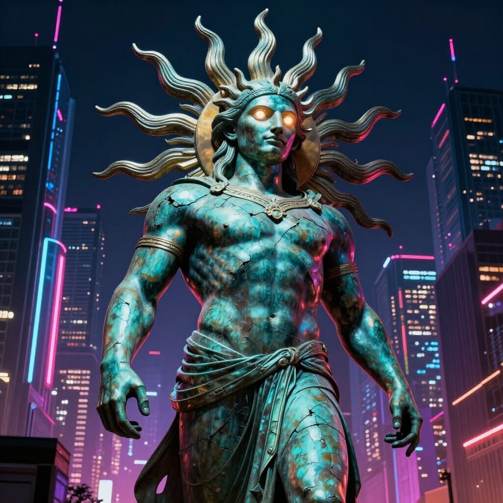 Ancient Helios Statue in Neon Cityscape