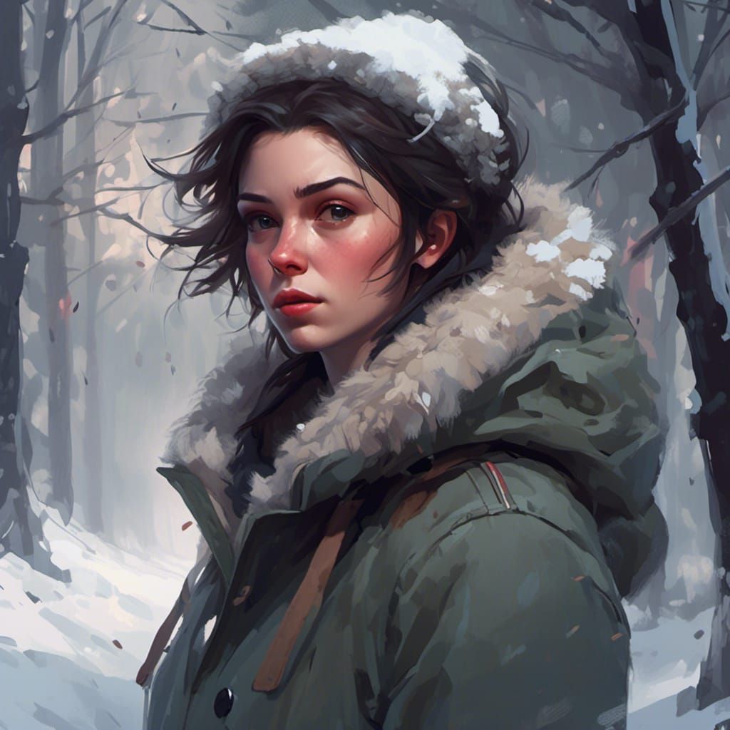 Brunette Woman in Winter Forest: Detailed Portrait