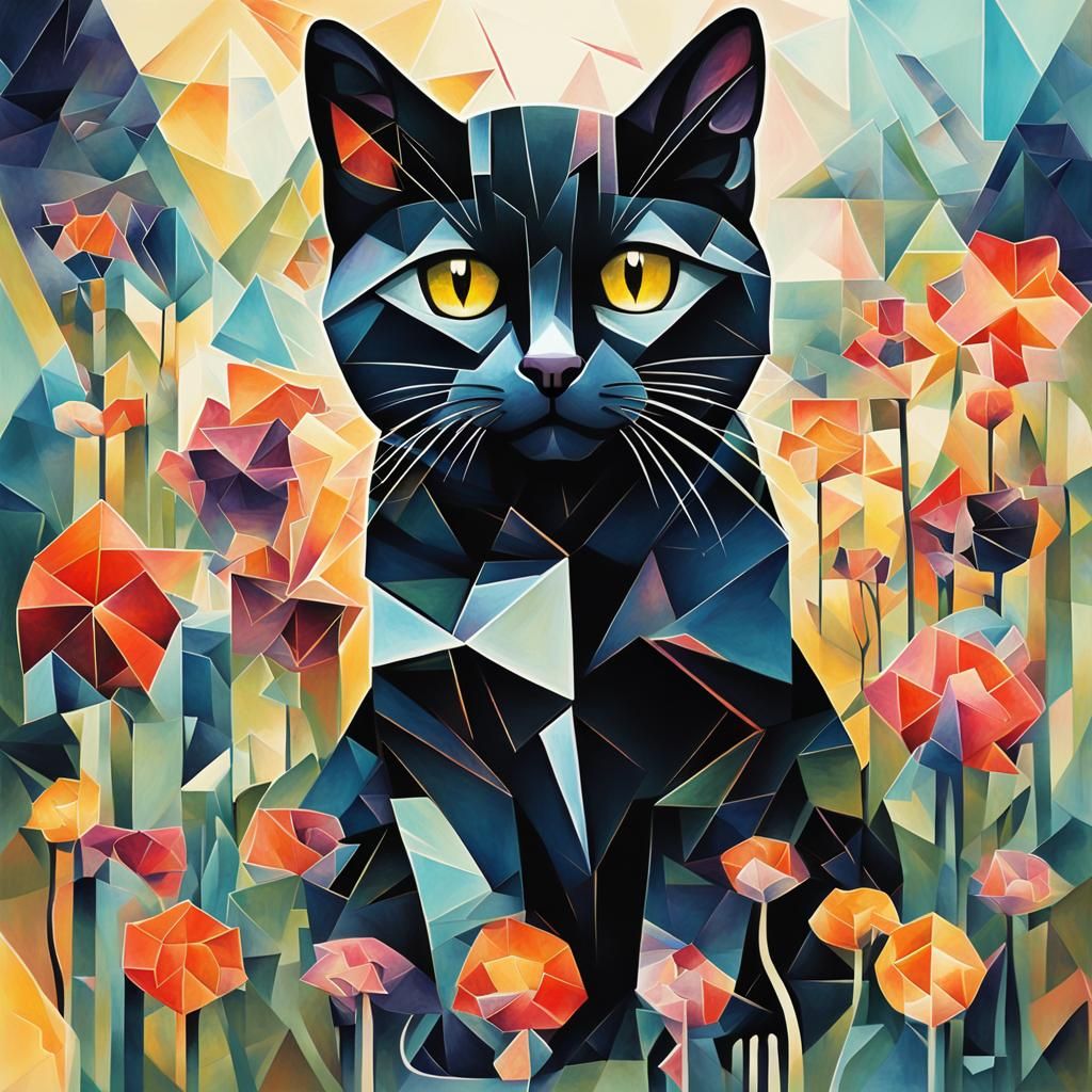 Adorable Black Kitty in Geometric Cubist Watercolor Style