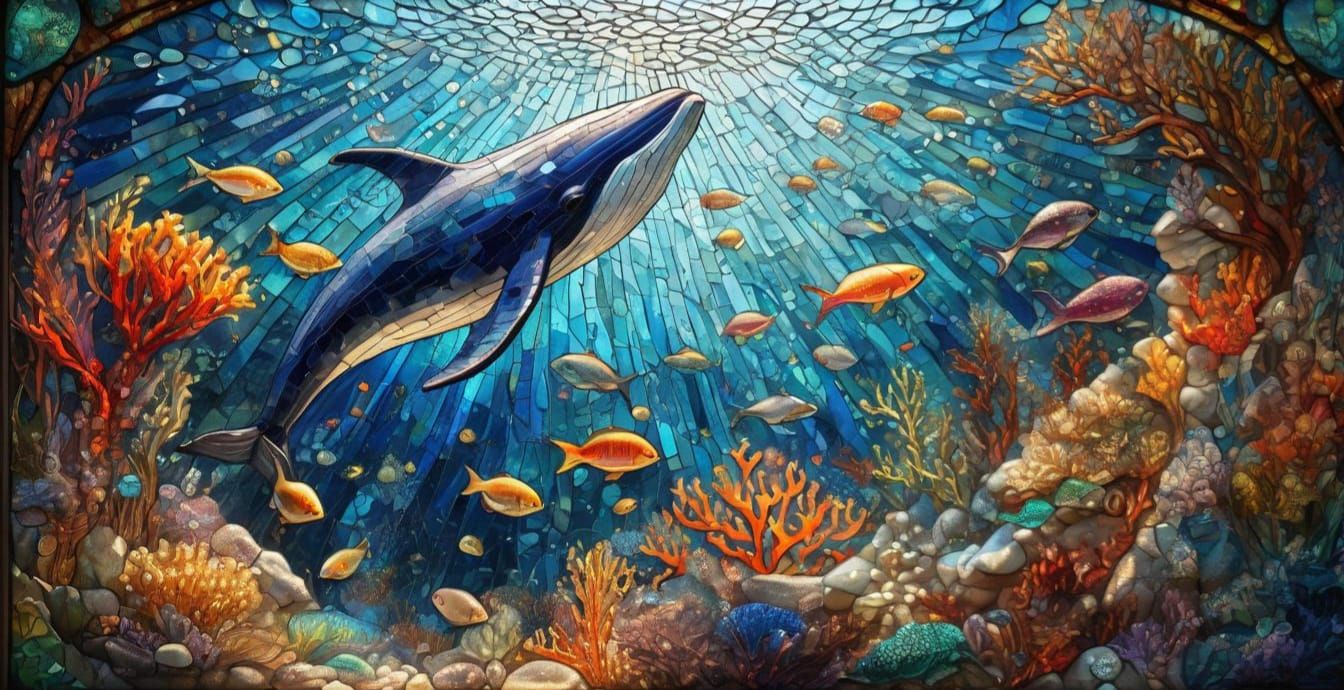 Colorful Mosaic Stained Glass Coral Reef Scene