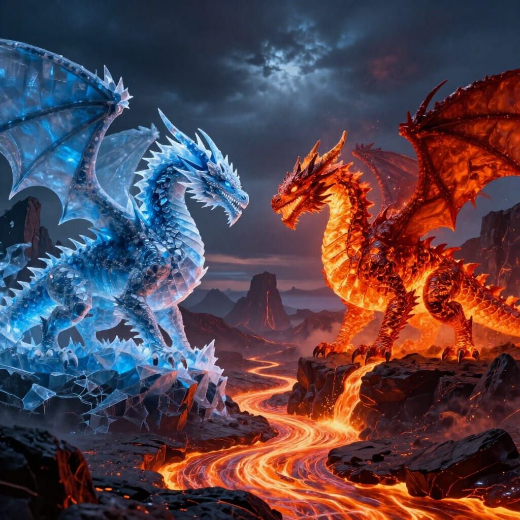 Ice Dragon vs Lava Dragon in Volcanic Landscape
