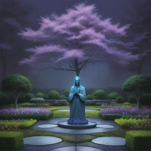 Serene Figure in Moonlit Garden: Oil Painting