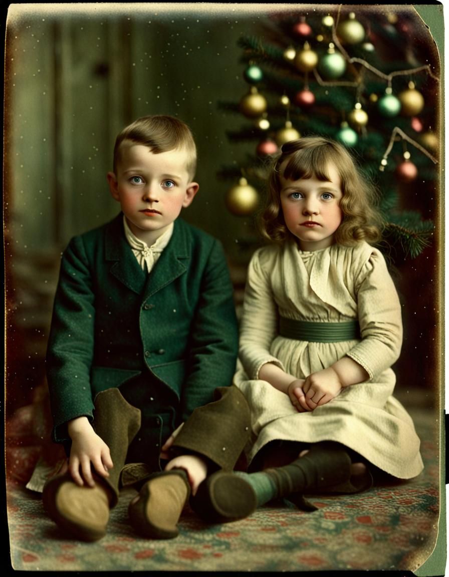 Vintage Lumière Autochrome: Siblings by Christmas Tree
