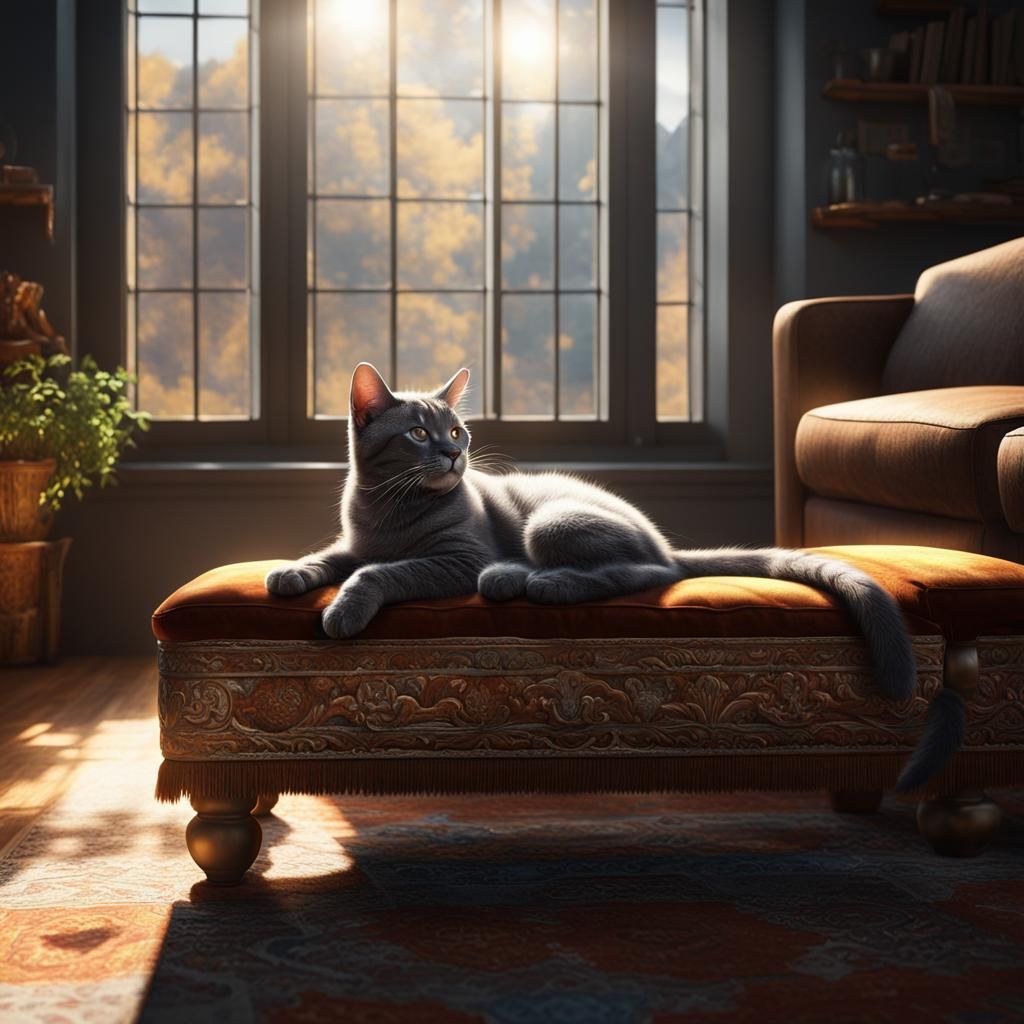 Gray Cat Sleeping: Detailed Matte Painting