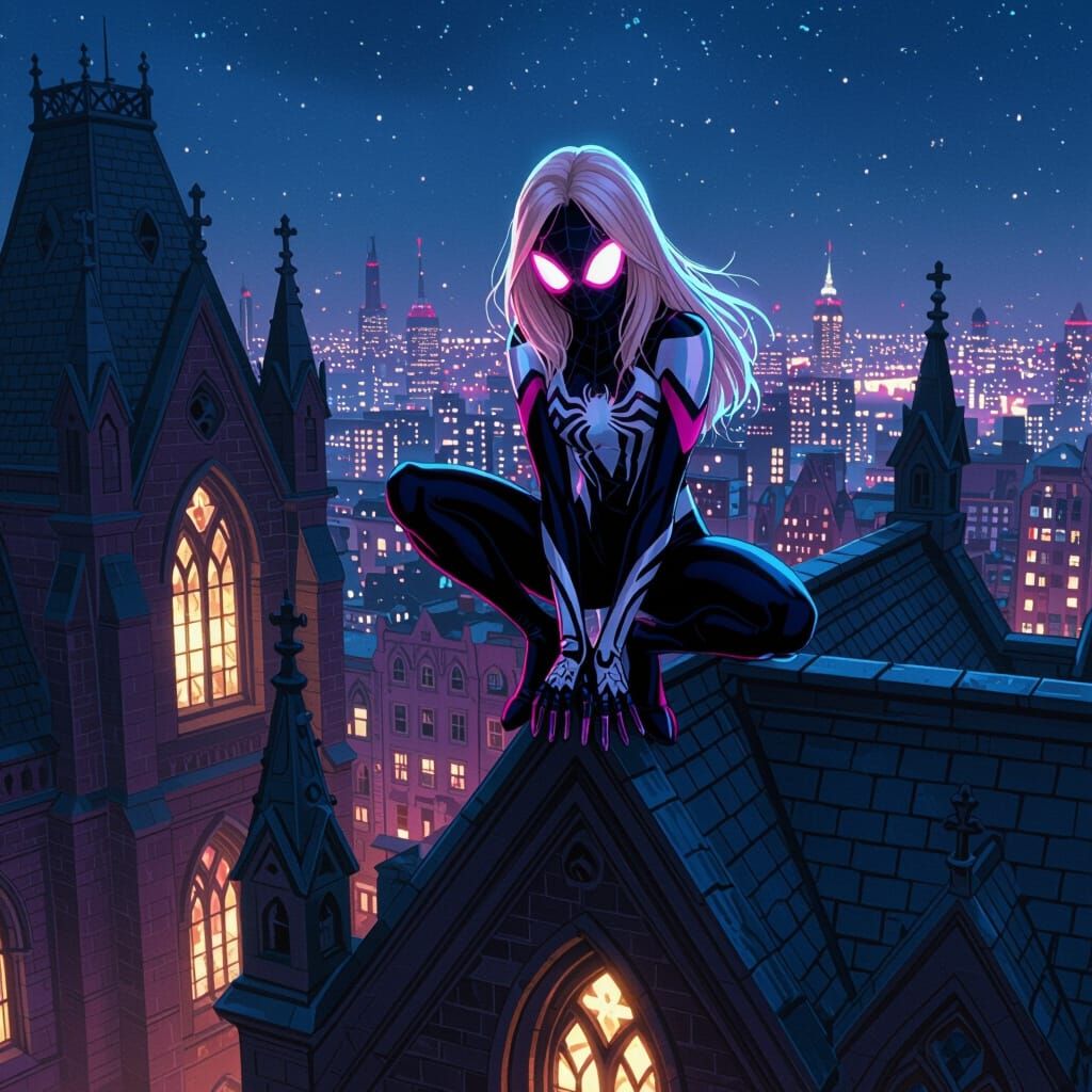 Ghost-Spider Gwen Stacy on Gothic School Rooftop