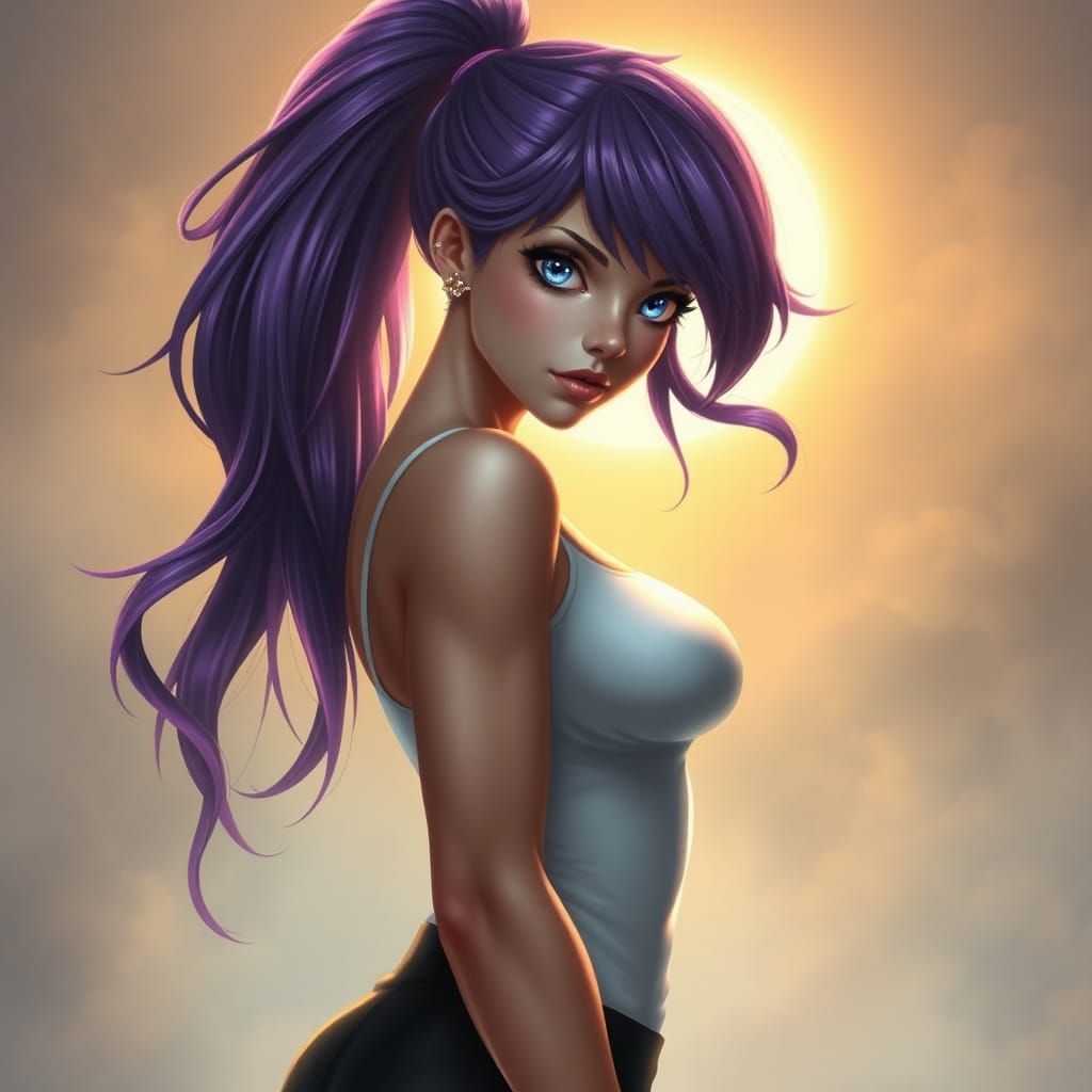 Cyclops Woman Leela with Purple Ponytail in 3D