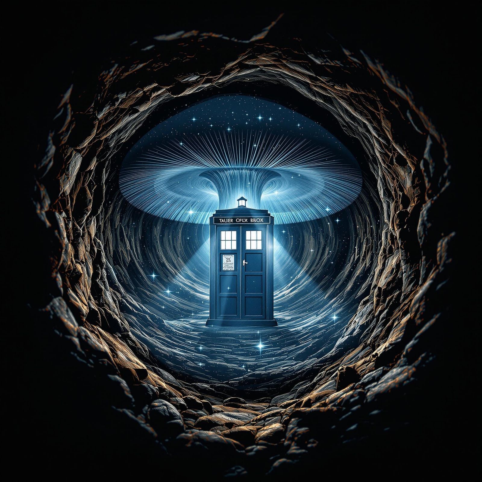 Surreal TARDIS Portal Unfolds in a Cosmic Mushroom