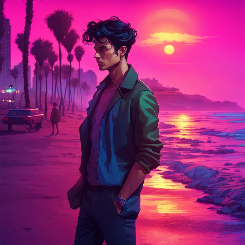 Synthwave Man on Beach Promenade at Sunset