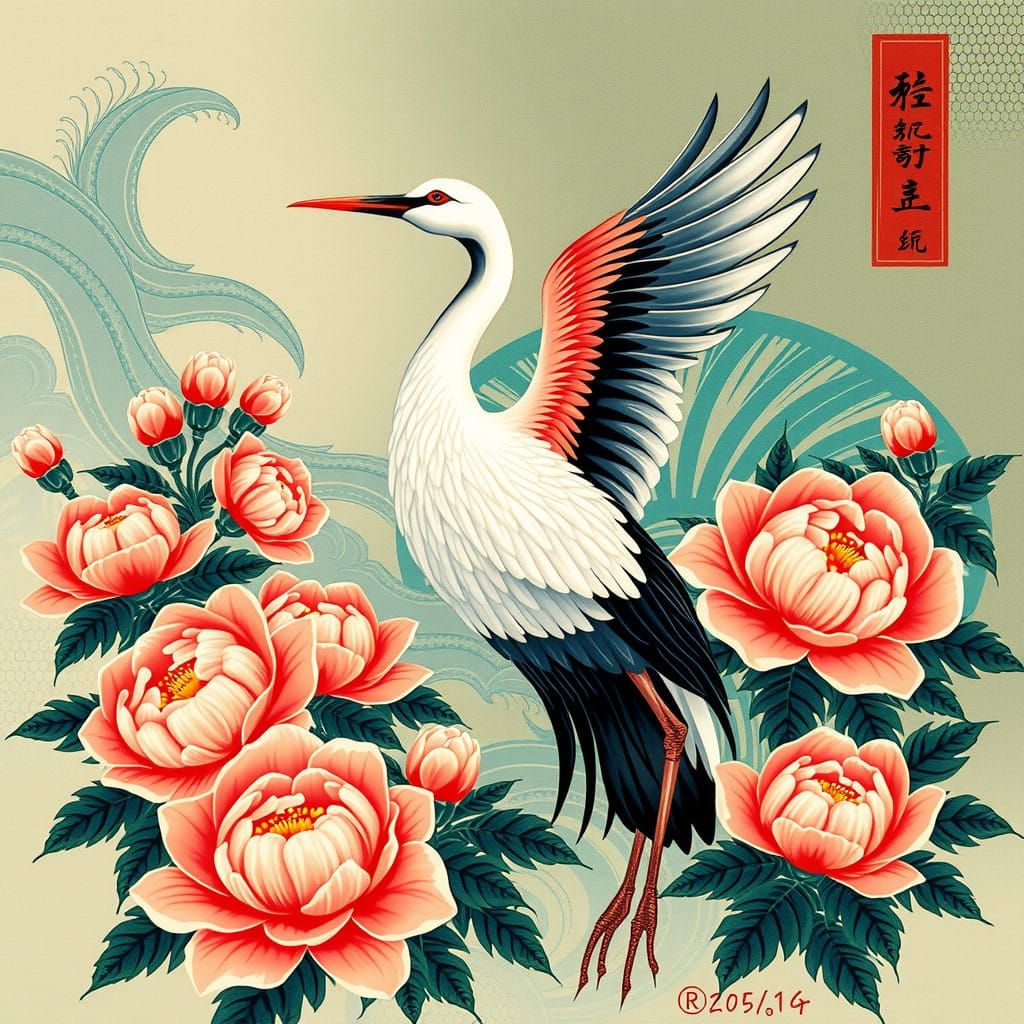 Majestic Crane in Vibrant Minhwa Folk Art Style