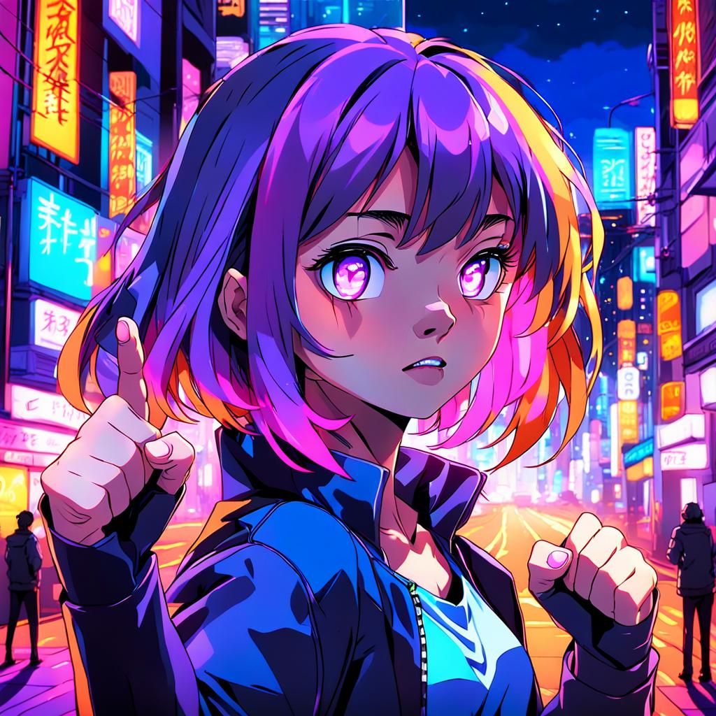 Anime Girl Raises Fist in Neon Cityscape