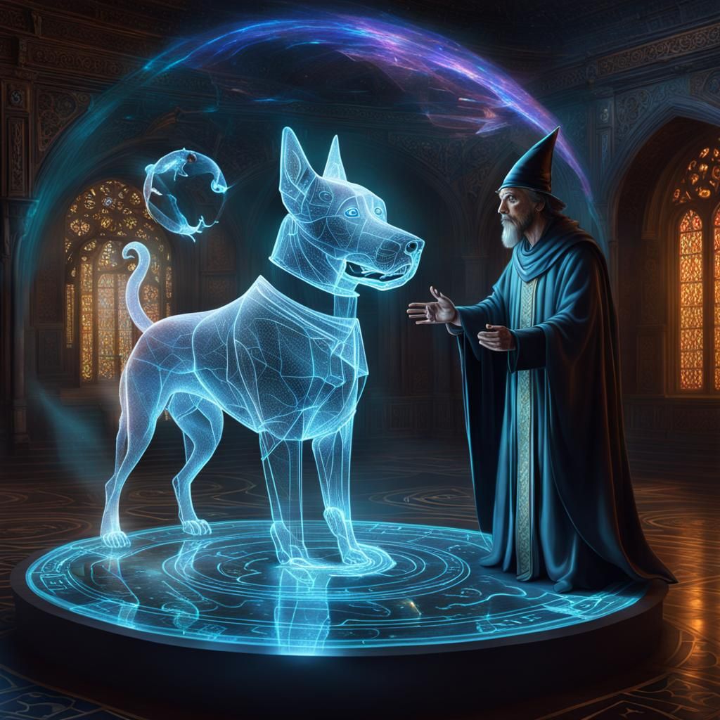 Sorcerer Interacting with Holographic Dog Projection