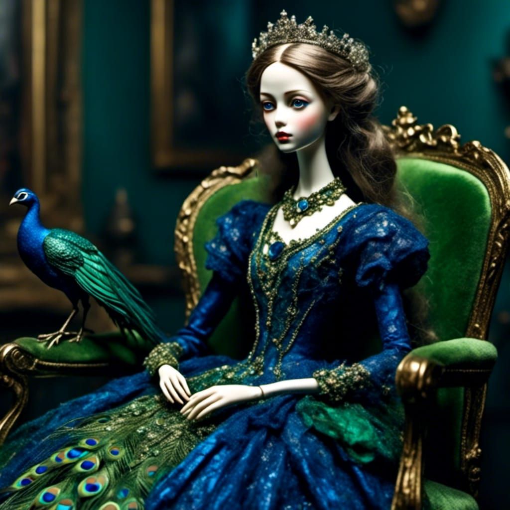 Doll in Royal Blue Dress with Peacock