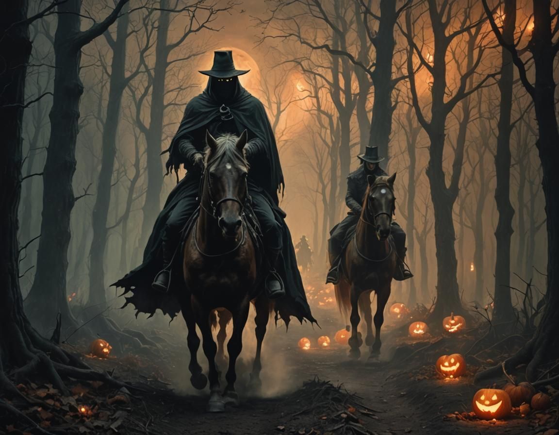 Haunted Horseman with Jack-o-Lantern Head in Dark Forest