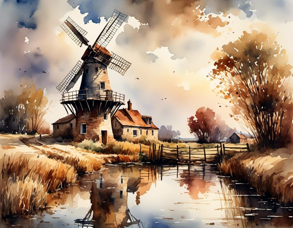 Windmill and Canal Reflected: Hyperrealistic Concept Art