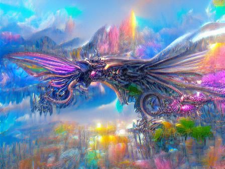 Futuristic Dragon Soaring Over Cyberpunk Fairy Town