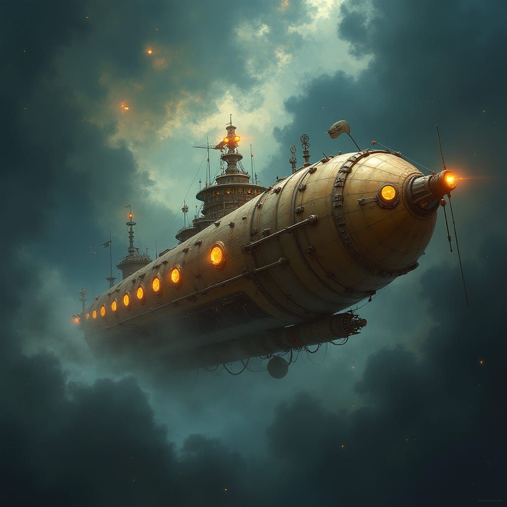 Steampunk Airship Navigates a Swirling Nebula