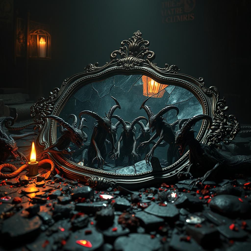 Demons Emerging from Shattered Mirror in Dark Fantasy