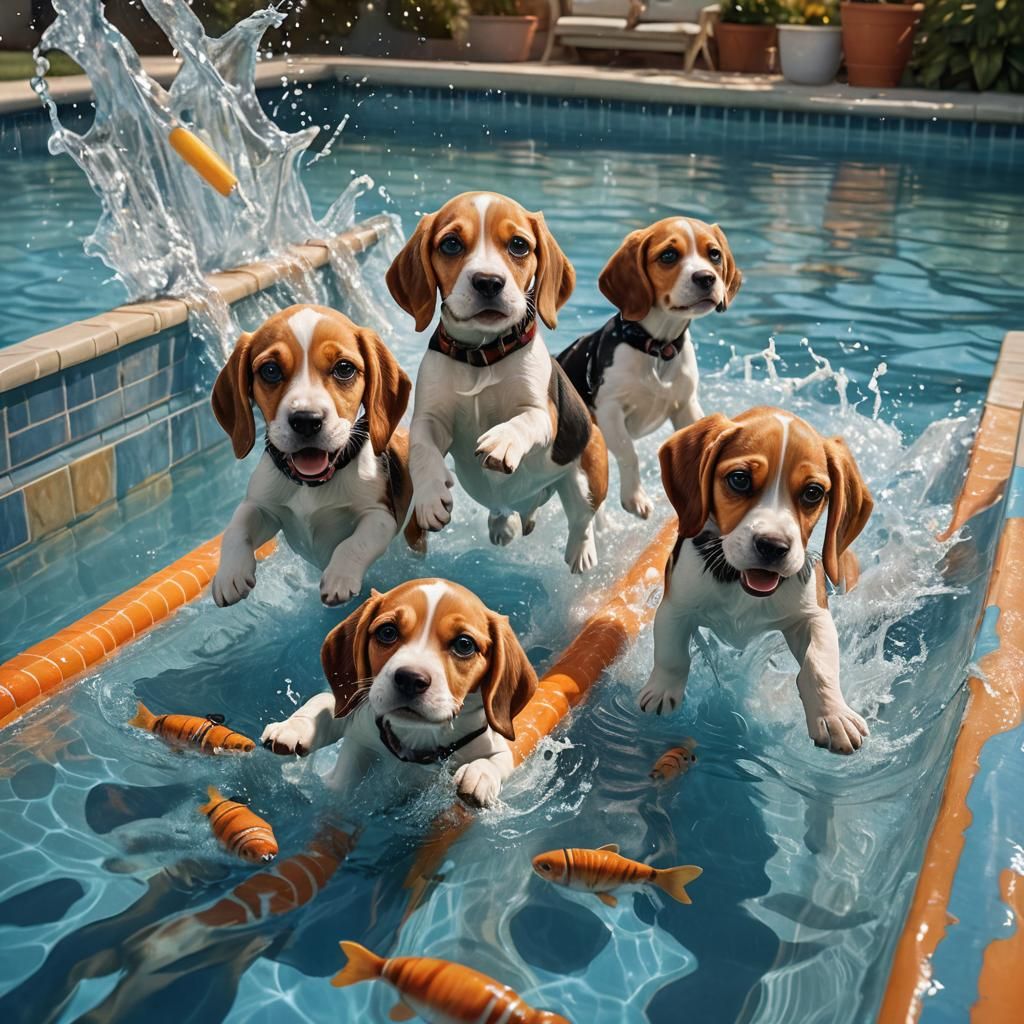 Beagle Puppies' Pool Party: Joyful Fantasy Concept Art